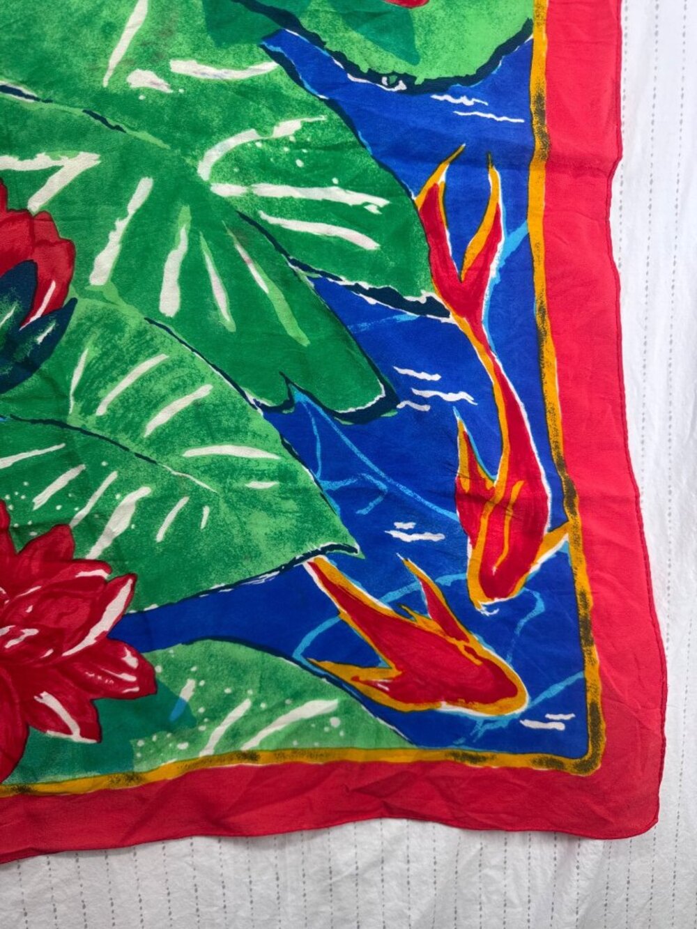 Vintage Ginnie Johansen Scarf Red Silk Lotus Flower Koi Fish Floral Square Artsy - Picture 3 of 10